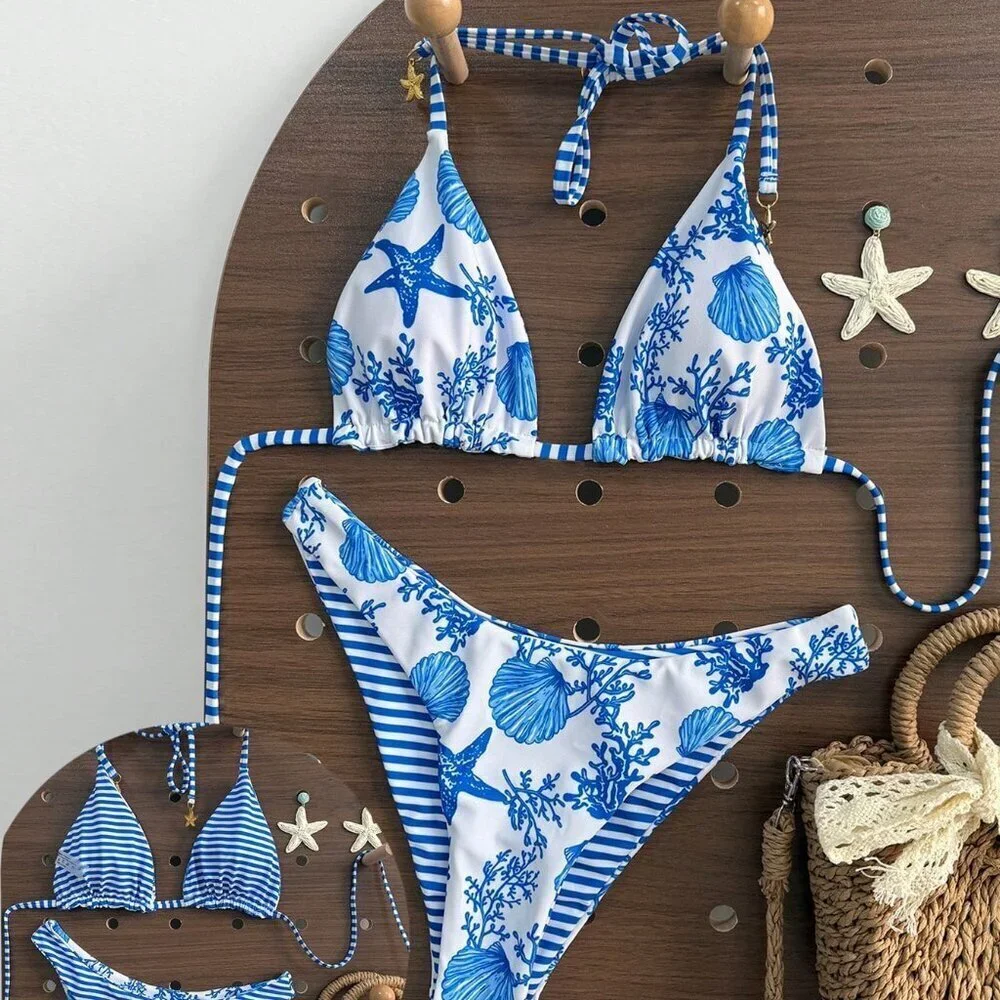 Multicolor Cute Women's Beach Reversible Bikini Set